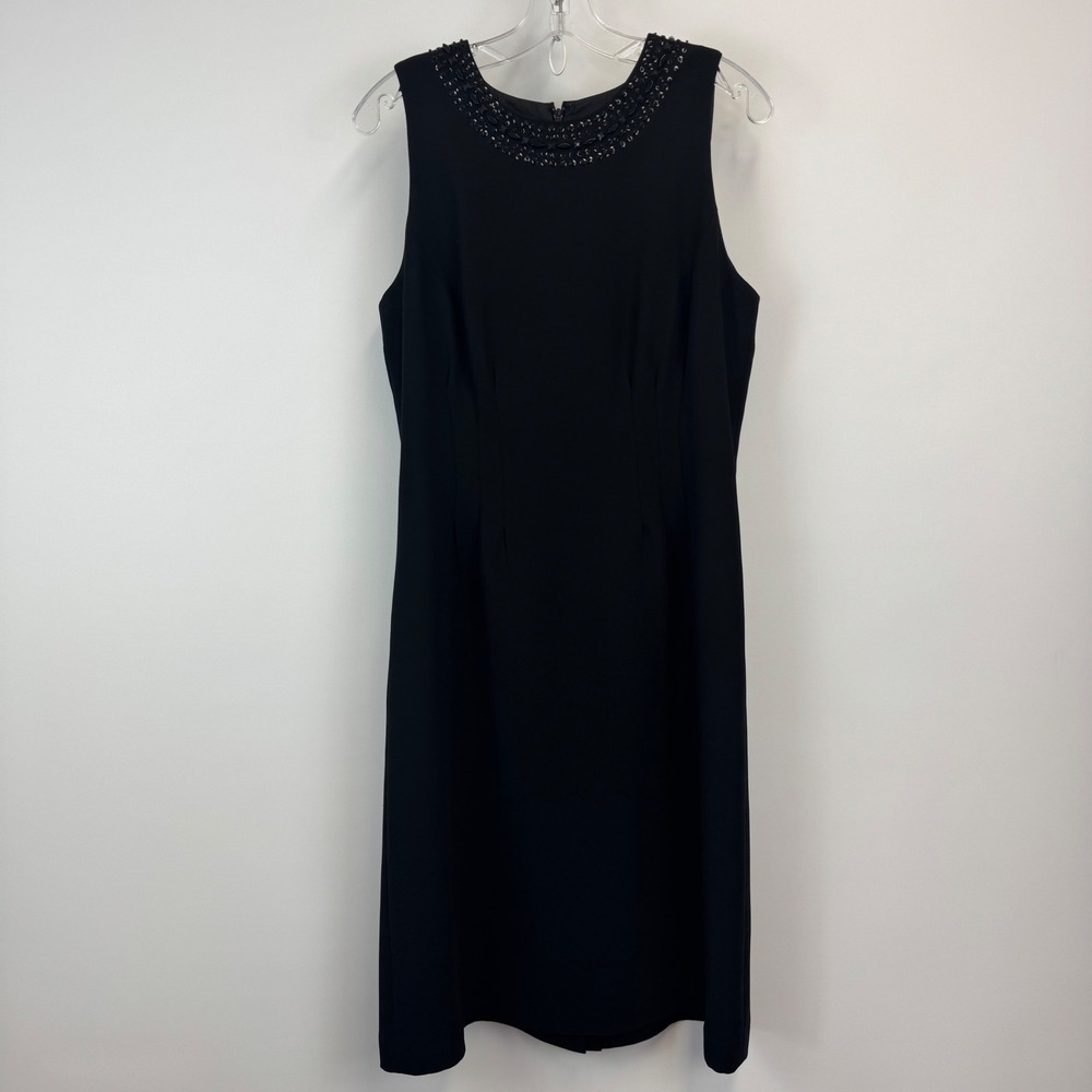 Talbots Womens Black Beaded Sequin Neckline Sleeveless Sheath Dress Size 12 Midi